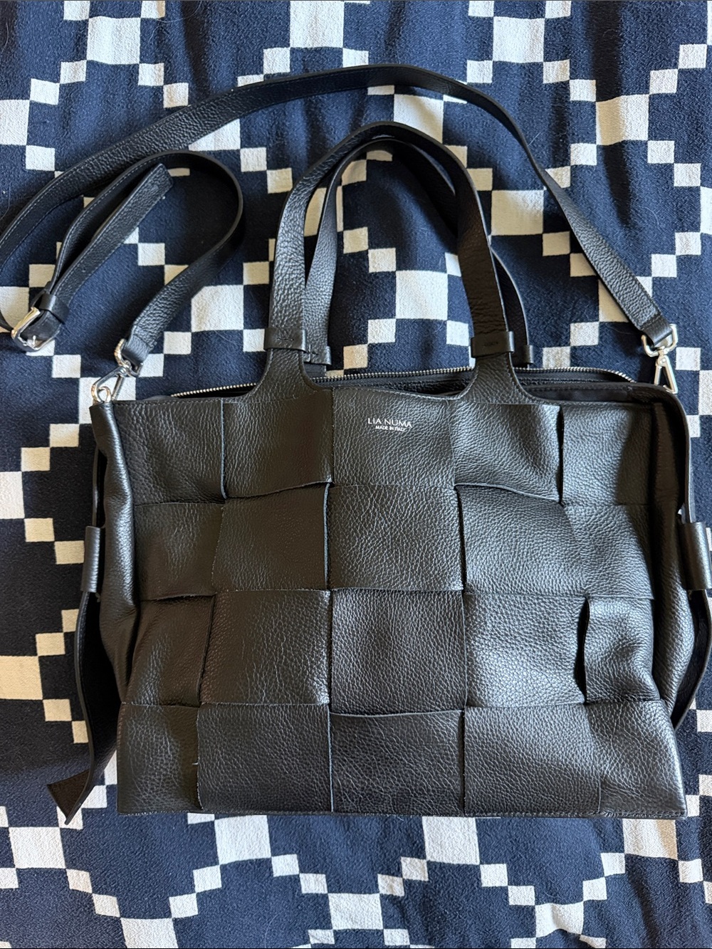 LIA NURSA Black Woven Leather Messenger Bag